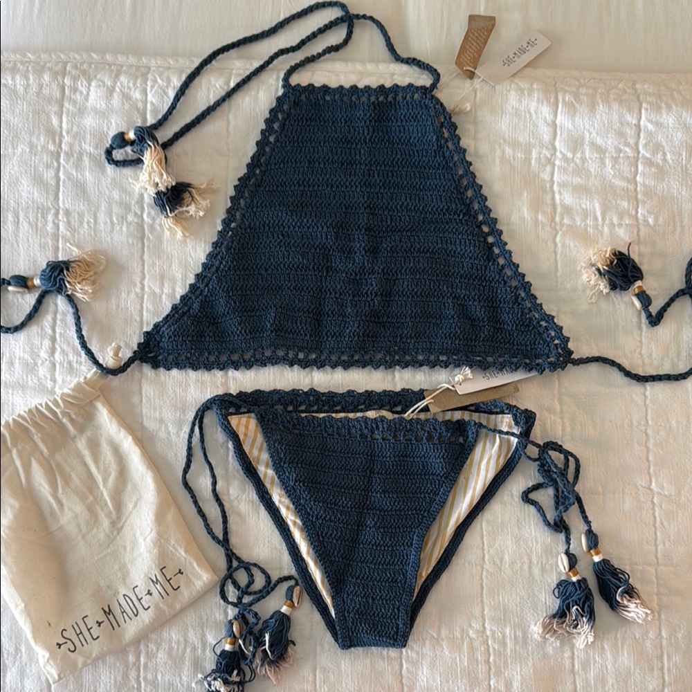 SHE MADE ME Navy Blue Crochet Bikini with Tassels